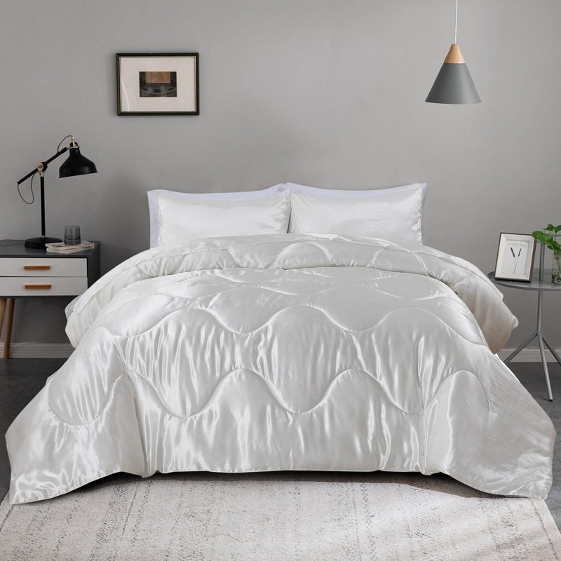 A Nice Night Satin Silky Soft Quilt Luxury Super Soft Microfiber Bedding Comforter Set Full/Queen, Light Weighted (White, Queen) - Image 3